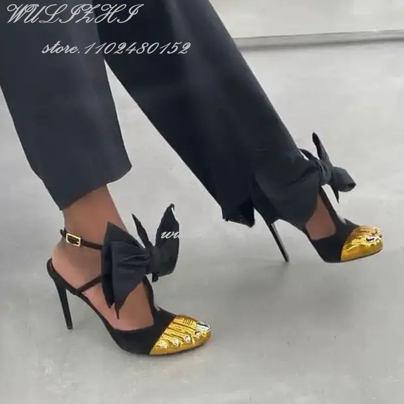 Big Bow Metallic Split Toe Stiletto Heels with Ankle Strap