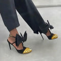 Big Bow Metallic Split Toe Stiletto Heels with Ankle Strap
