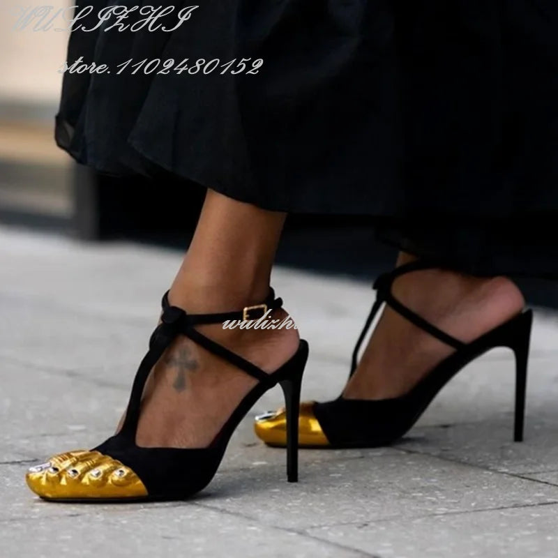 Big Bow Metallic Split Toe Stiletto Heels with Ankle Strap