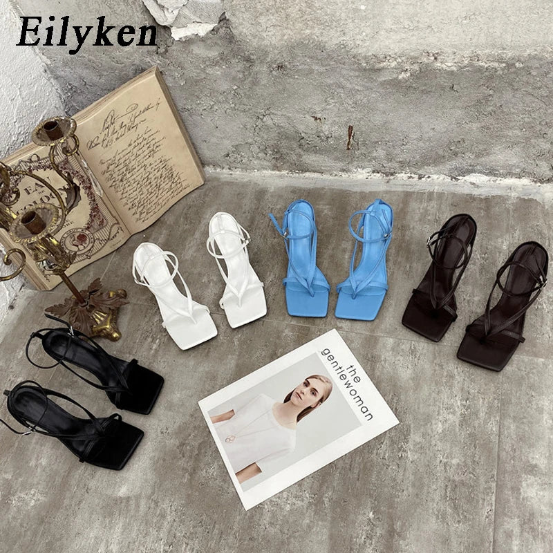 Eilyken Summer Fashion Square Pinch Open Narrow Band Women Sandals Ankle Buckle Strap Thin Heels