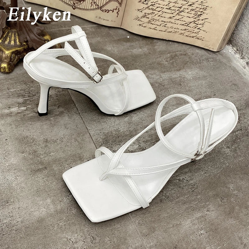 Eilyken Summer Fashion Square Pinch Open Narrow Band Women Sandals Ankle Buckle Strap Thin Heels
