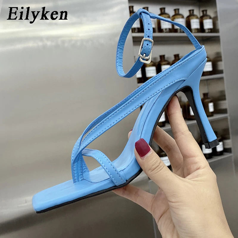 Eilyken Summer Fashion Square Pinch Open Narrow Band Women Sandals Ankle Buckle Strap Thin Heels