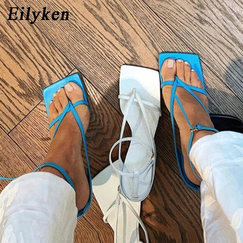 Eilyken Summer Fashion Square Pinch Open Narrow Band Women Sandals Ankle Buckle Strap Thin Heels