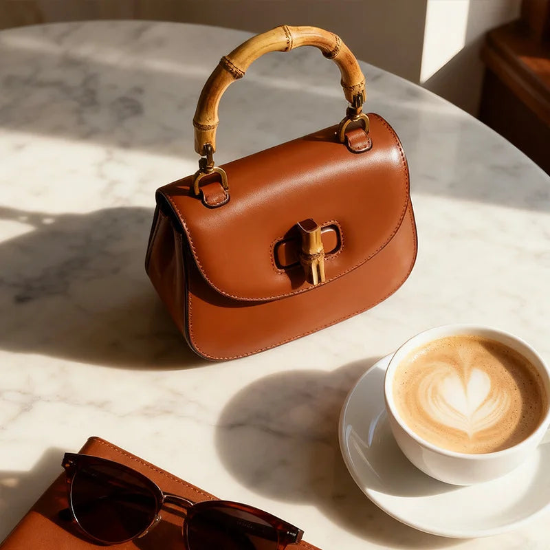 Vintage Bamboo Leather Crossbody Satchel for Women