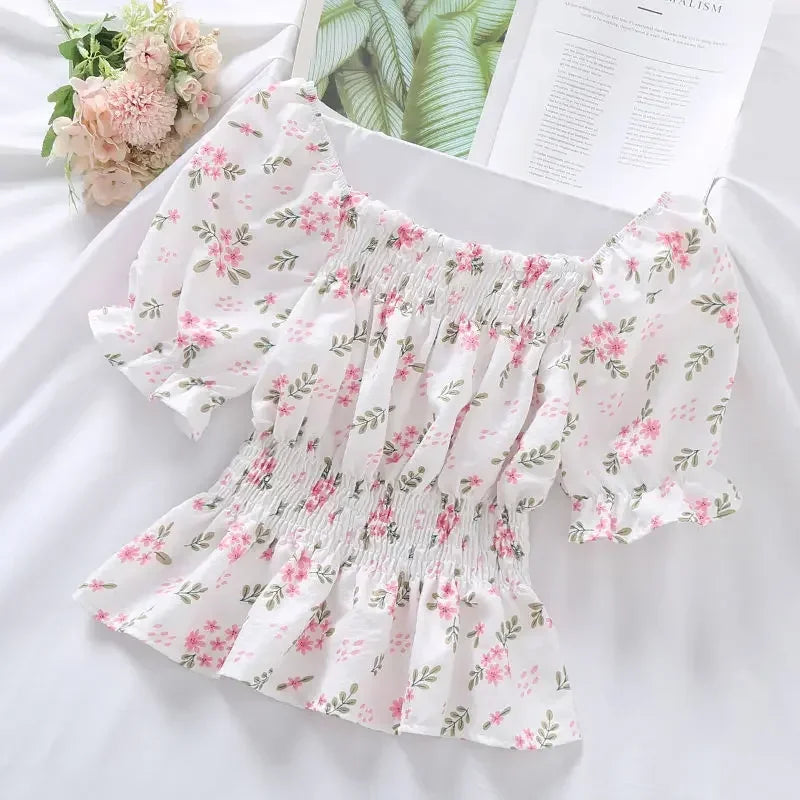 Floral Slash Neck Ruffle Crop Blouse