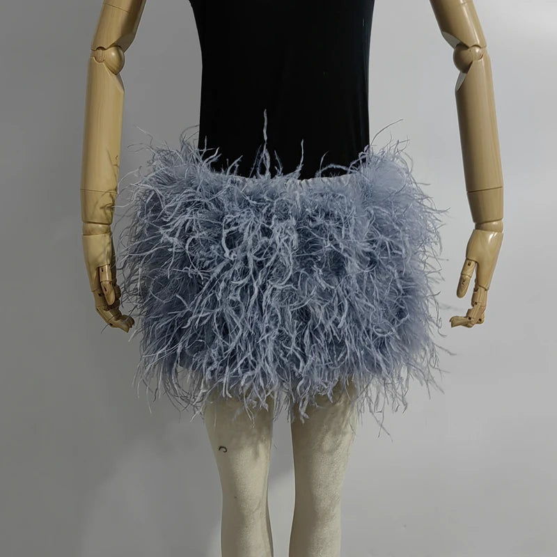 True ostrich feather Multicolor Mini Skirt Elastic Waist  Sexy Clothing Club Party Dance Rave Short Skirt Note select 3 colors