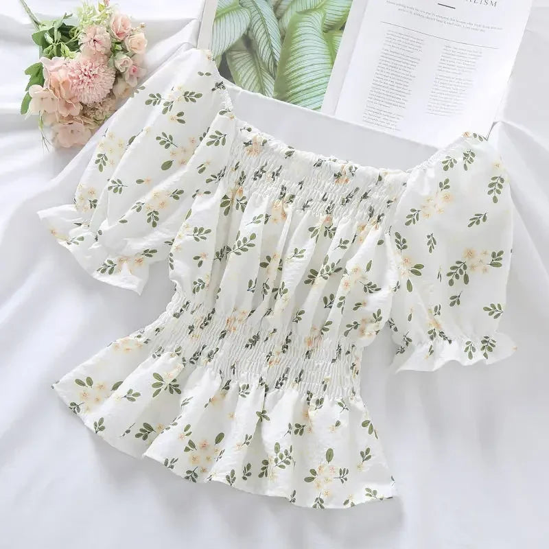 Floral Slash Neck Ruffle Crop Blouse