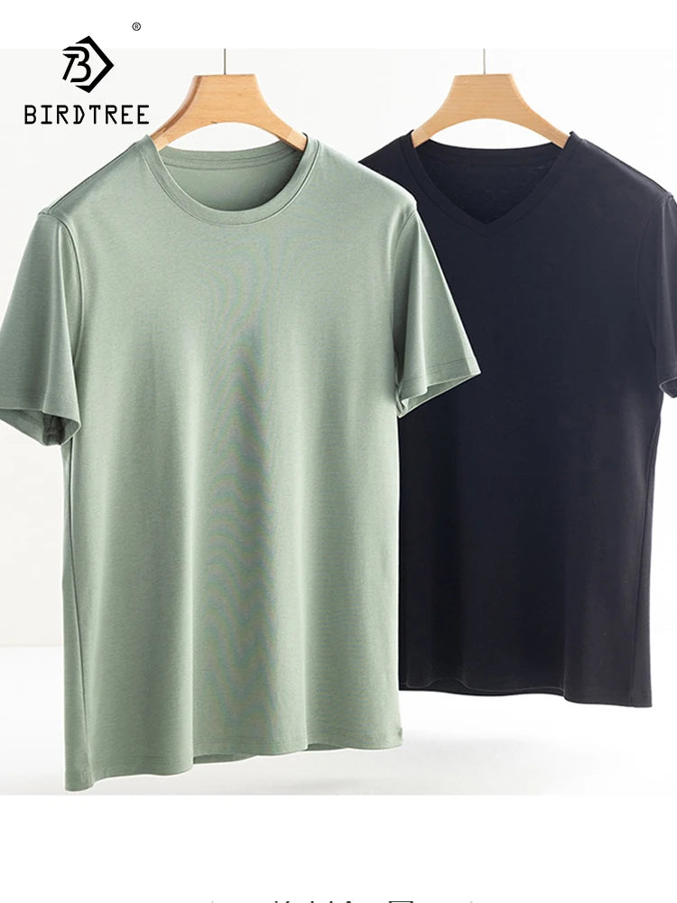 Birdtree 7% Silk 62% Cotton Short Sleeve T-Shirt Men Thin Loose Breathable Basic Solid Cultural T-Shirt 2024 Summer T41479QC