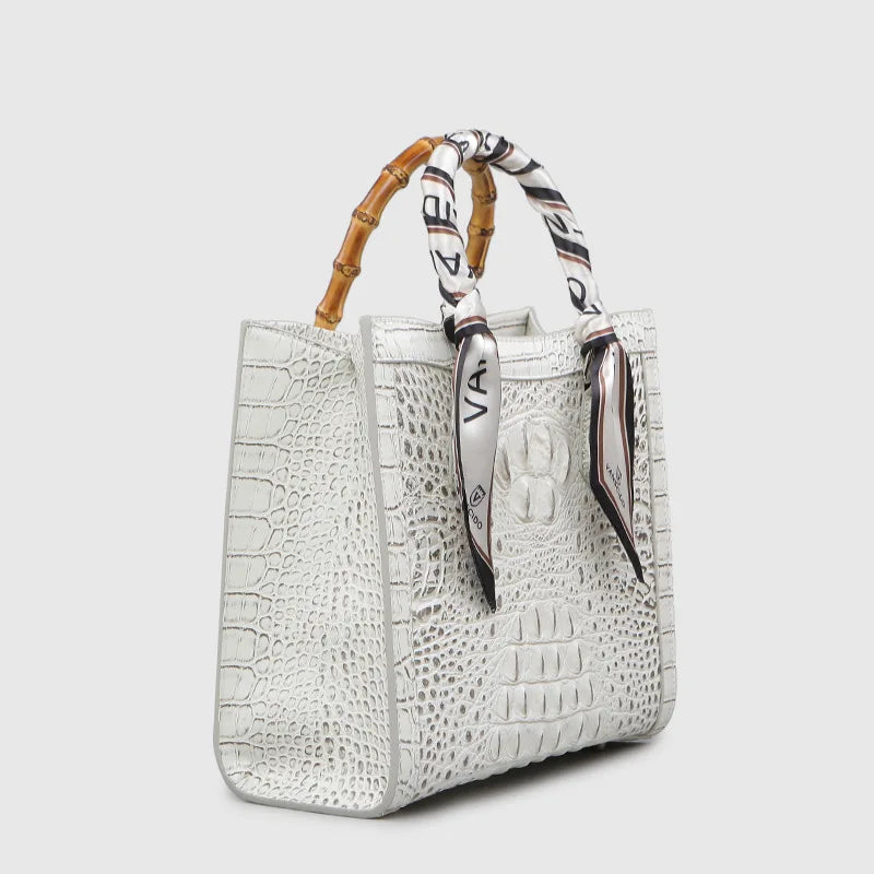 Crocodile Pattern Leather Shoulder Bag with Bamboo Handle