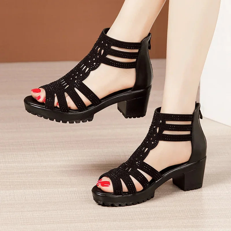 Rhinestone Wedding Platform Sandals Block High Heels Size 32-43