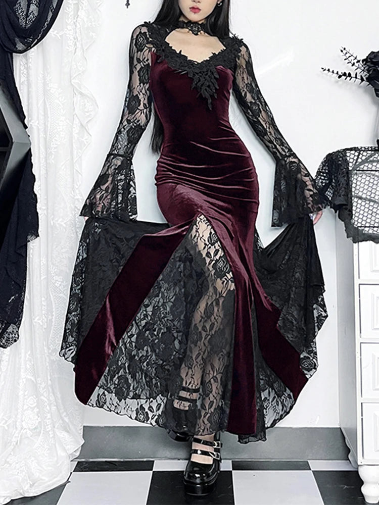 Lace Patchwork Flare Sleeve Midi Dress