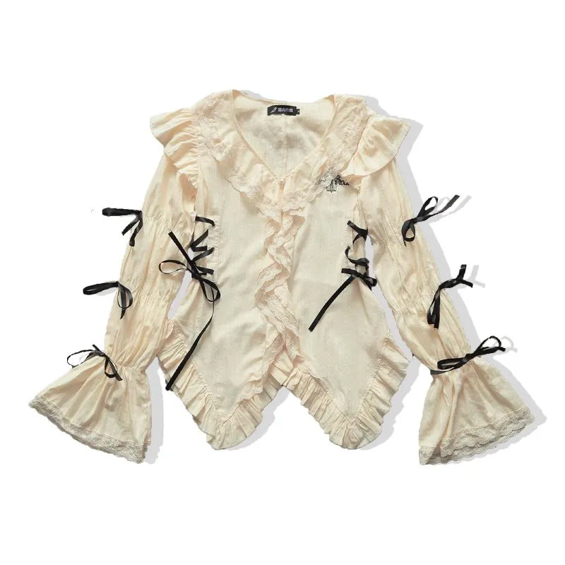Karrram Y2k Aesthetics Lace Shirt Grunge Gothic Irregular Blouses Fairy Harajuku Bandage Shirt Vintage Lolita Clothes Mall Goth