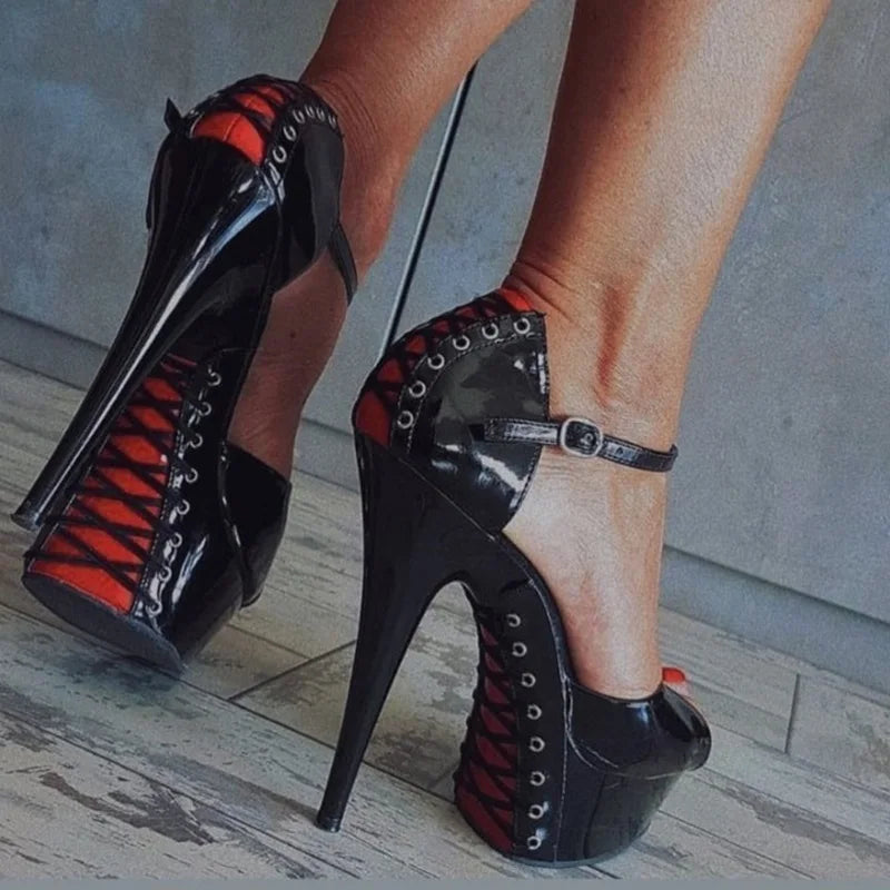 Women's Gothic Stripper Platform Sandals 15cm Peep Toe Exotic Heels