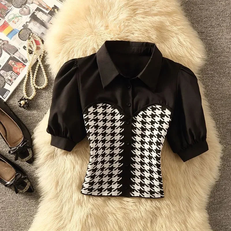Houndstooth Polo Collar Puff Sleeve Top