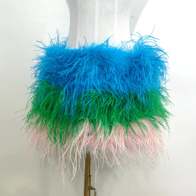 True ostrich feather Multicolor Mini Skirt Elastic Waist  Sexy Clothing Club Party Dance Rave Short Skirt Note select 3 colors