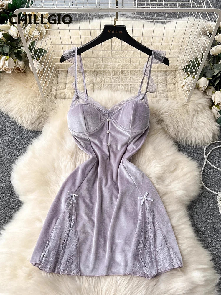 Beaded Velour Lace Patchwork Slip Dress