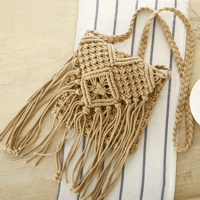 Handmade Cotton Woven Tassel Crossbody Bag for Women