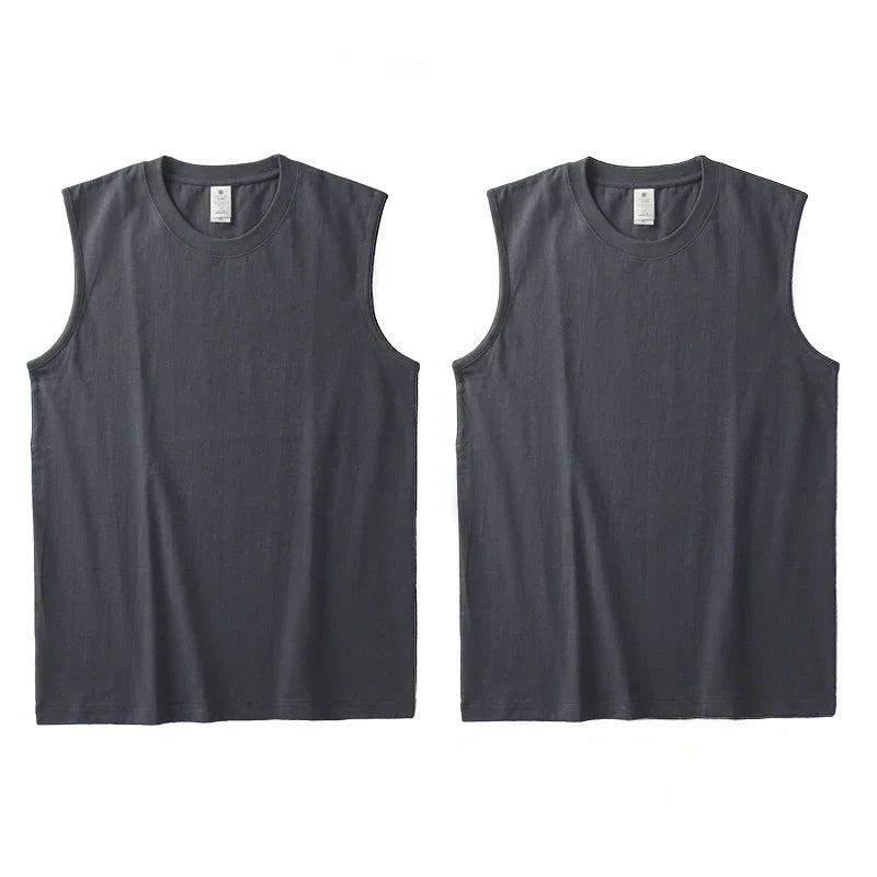 2pcs Solid Color Cotton Vest Men's White O-Neck Loose Sleeveless T-shirt Basic Models All-match Sports Running Tank Tops
