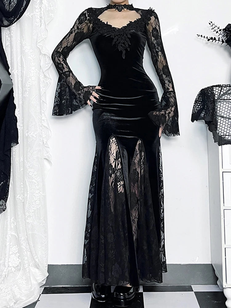Lace Patchwork Flare Sleeve Midi Dress