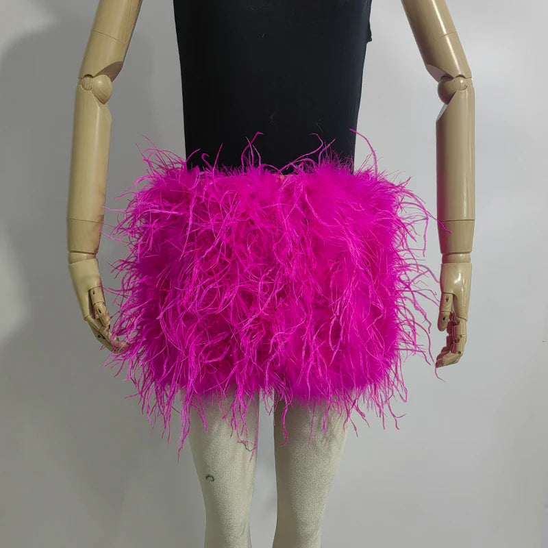 True ostrich feather Multicolor Mini Skirt Elastic Waist  Sexy Clothing Club Party Dance Rave Short Skirt Note select 3 colors