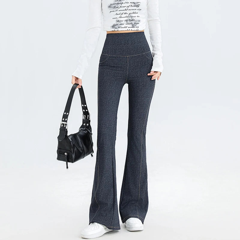 BIVIGAOS 2025 Spring New Jeans Flared Leggings Pants Women High Waist Pocket Stretch Fitness Leggings Slim Tight Sexy Jeggings