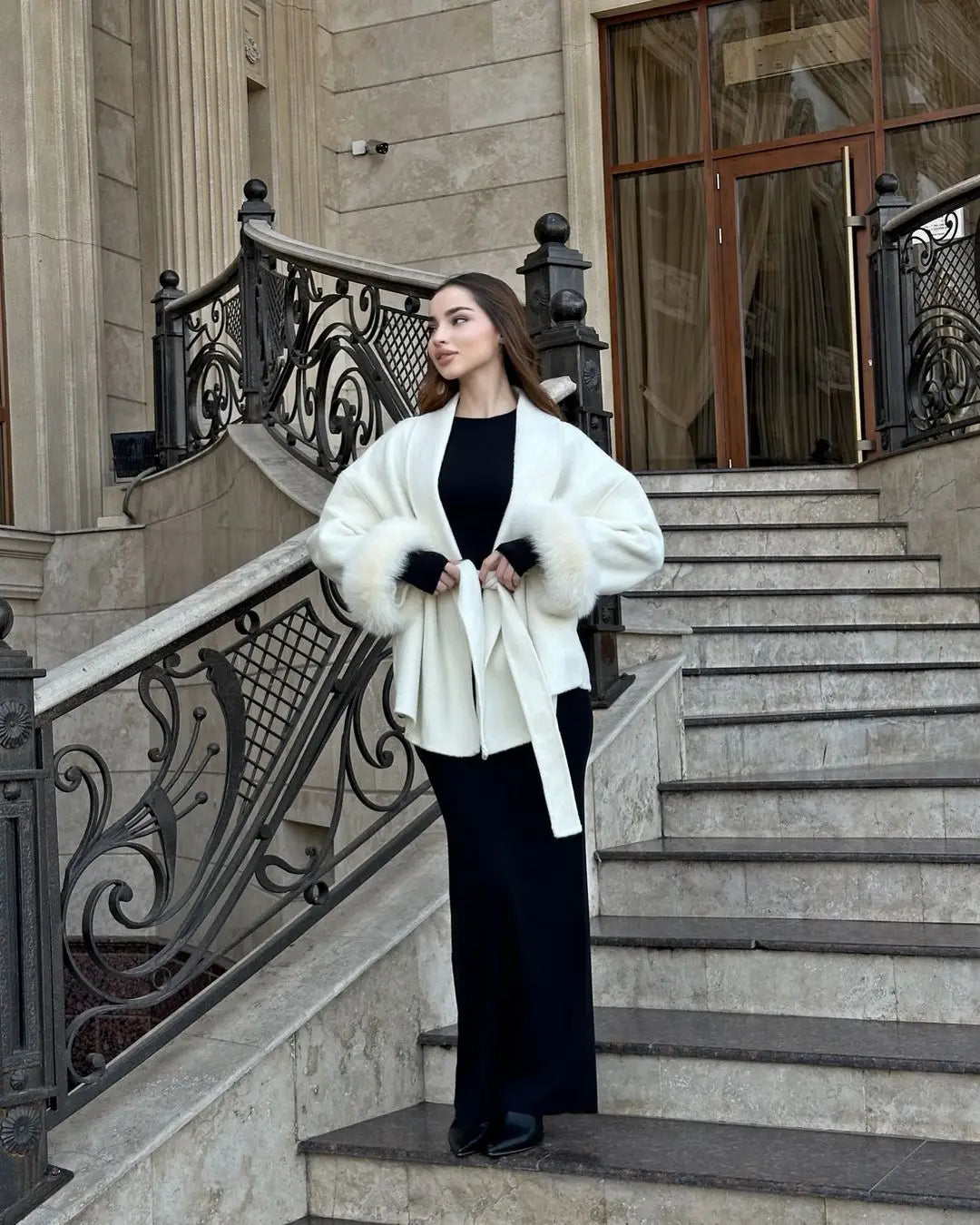 Fur Patchwork Woolen Short Coat Fashion Solid Lace Up Lapel Furry Belt Long Sleeve Loose Jacket  2025 New Autumn Winter Cardigan