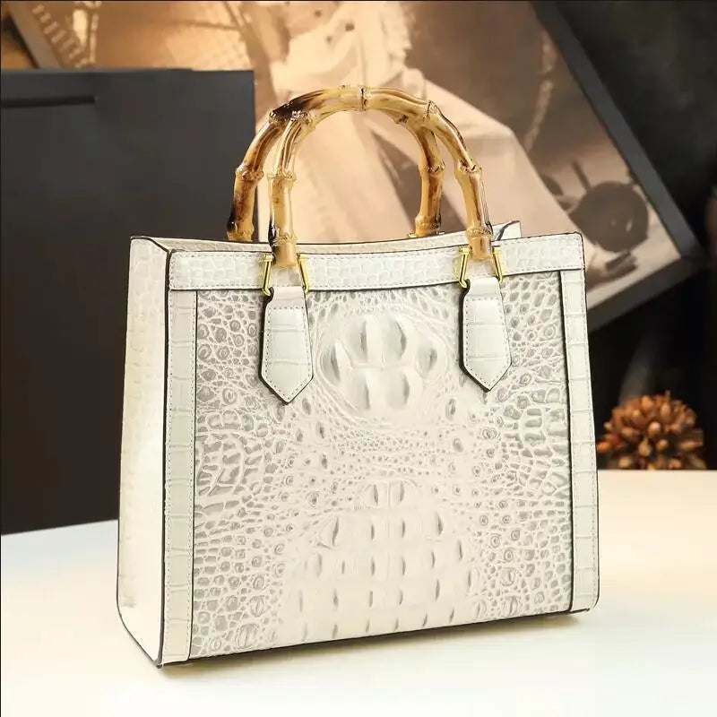 Crocodile Leather Tote Bag with Bamboo Handle