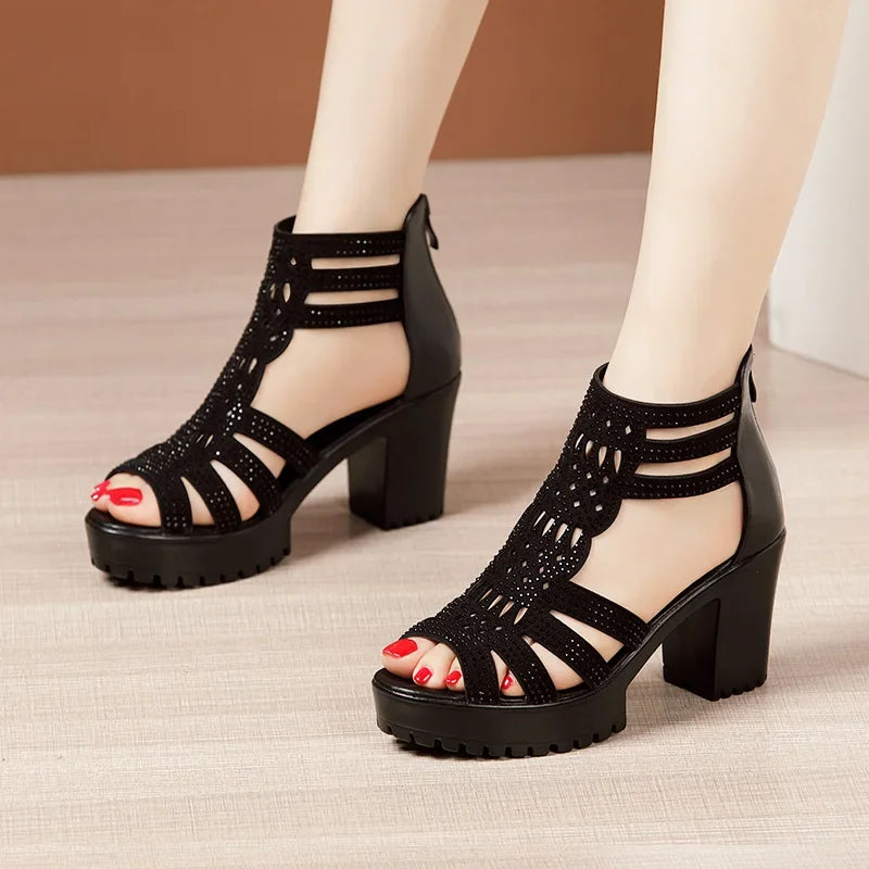 Rhinestone Wedding Platform Sandals Block High Heels Size 32-43