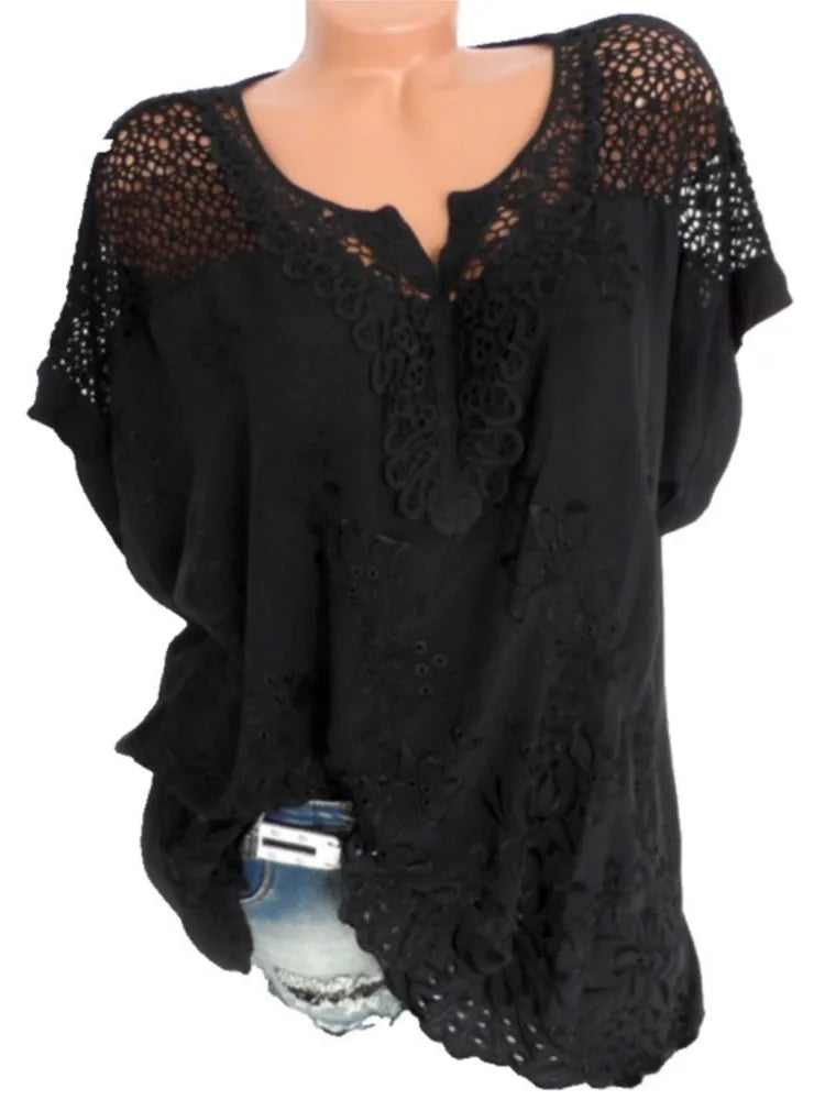 White Lace Patchwork Short Sleeve Blouse