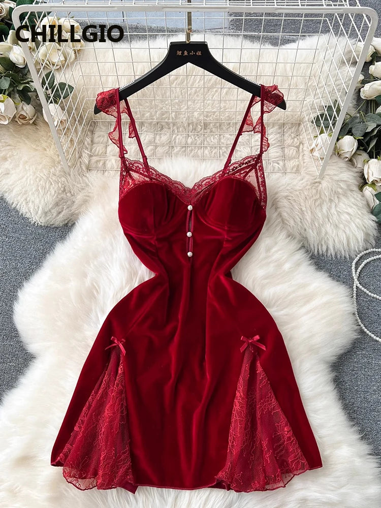 Beaded Velour Lace Patchwork Slip Dress