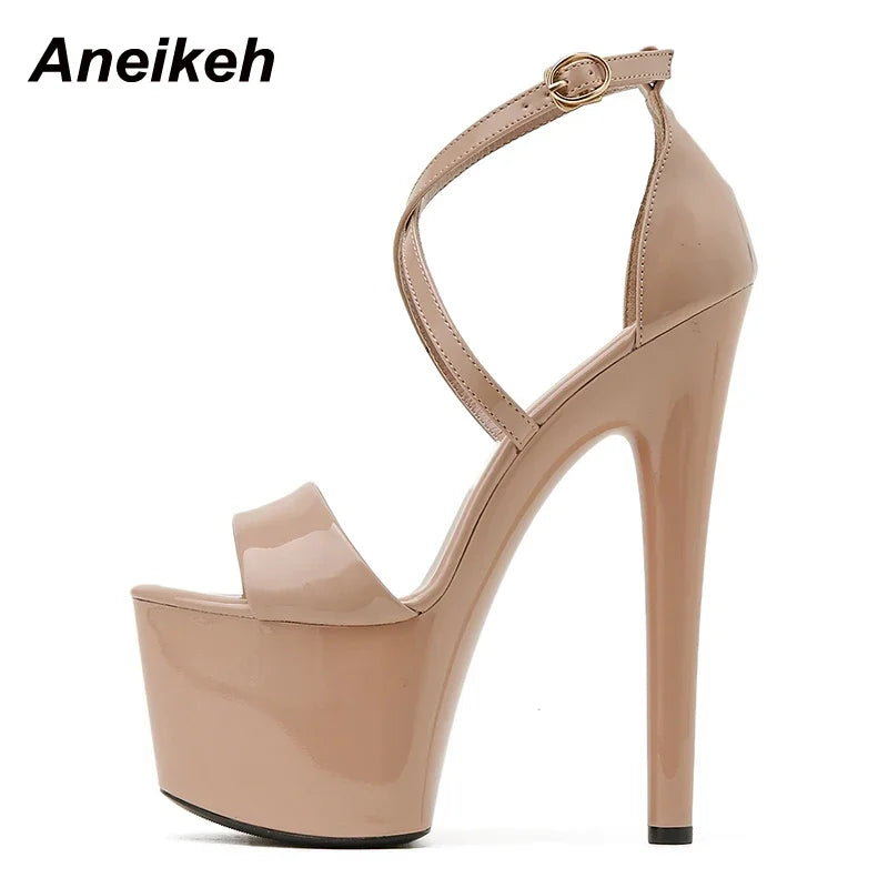 Aneikeh Platform Cross-Tied Peep Toe Thin Heel Sandals for Women