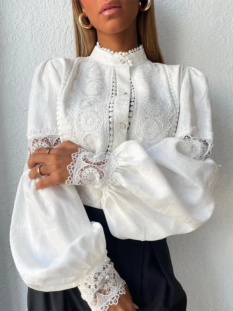 White Lace Puff Sleeve Blouse