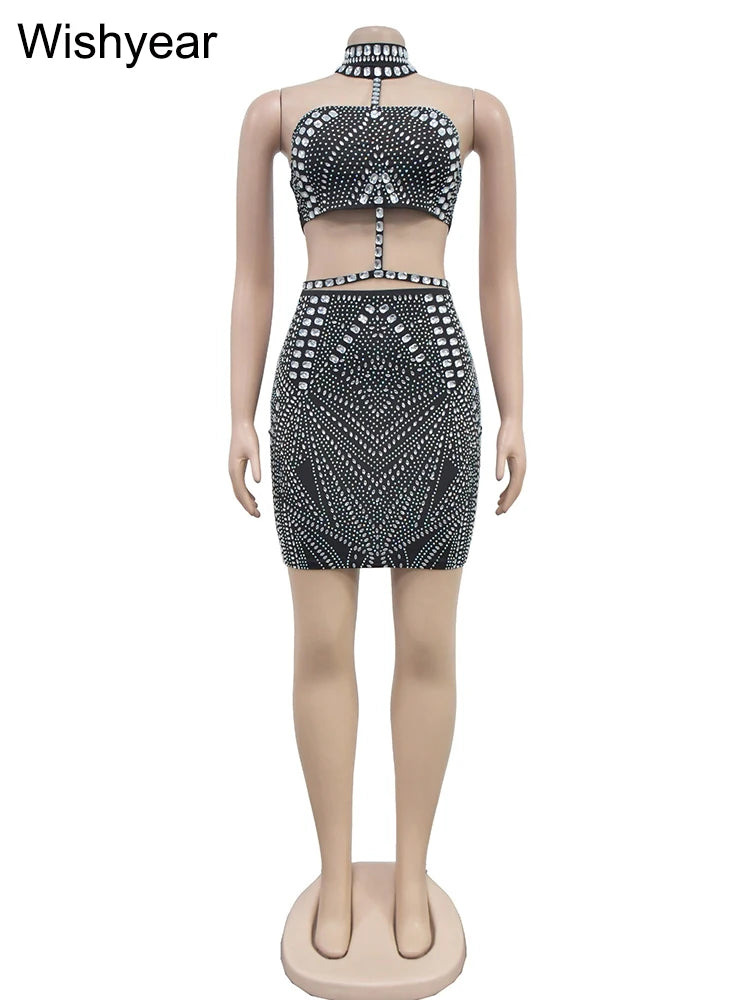 Rhinestone Halter Backless Crop & Mini Skirt Set