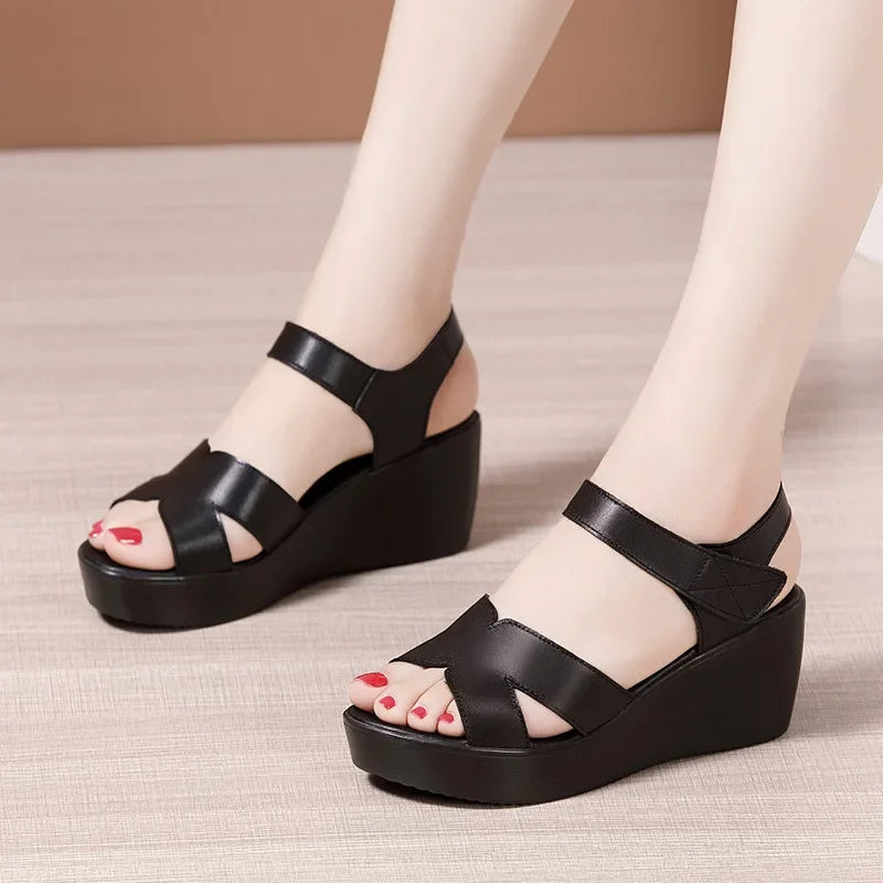 Soft Leather Med Heel Wedge Sandals for Office Beach Plus Size 33-43