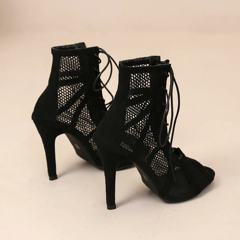 Sexy High Heels Hollow Mesh Sandals Women Summer Cross-tied Peep Toe Ankle Strap Dance Shoes Black Net