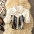 Houndstooth Polo Collar Puff Sleeve Top
