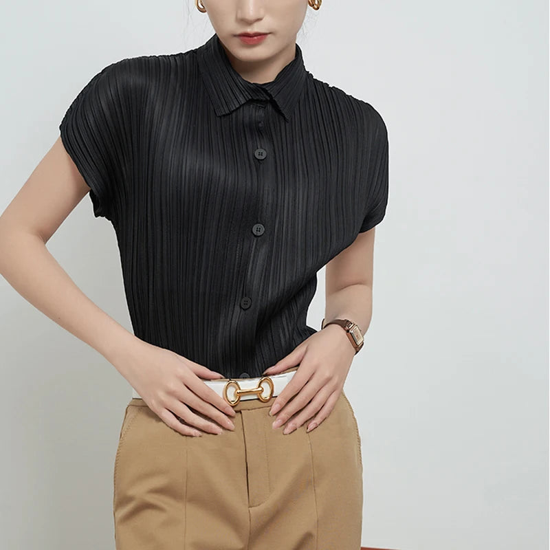 Miyake Pleated Short Sleeve Polo Cardigan