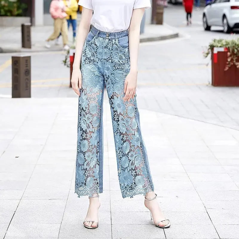Lace Patchwork Hollow Out Loose Jeans