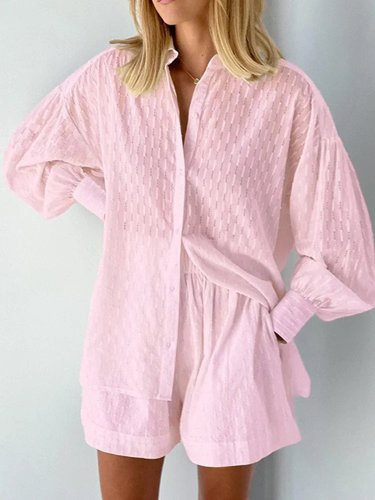 Women Jacquard Puff Sleeves Two Piece Sets for Summer Fashion Loose Shorts and Long Sleeved Shirt Outfits