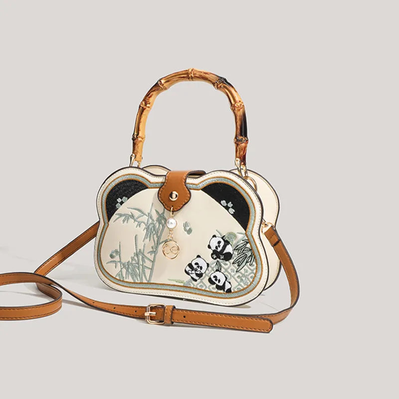 Panda Embroidery Handbag with Bamboo Handle