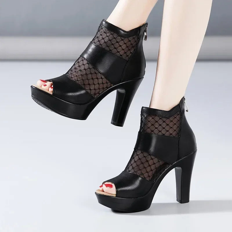 Peep Toe Cutout Lace Soft Leather Block High Heel Gladiator Sandals Size 32-43