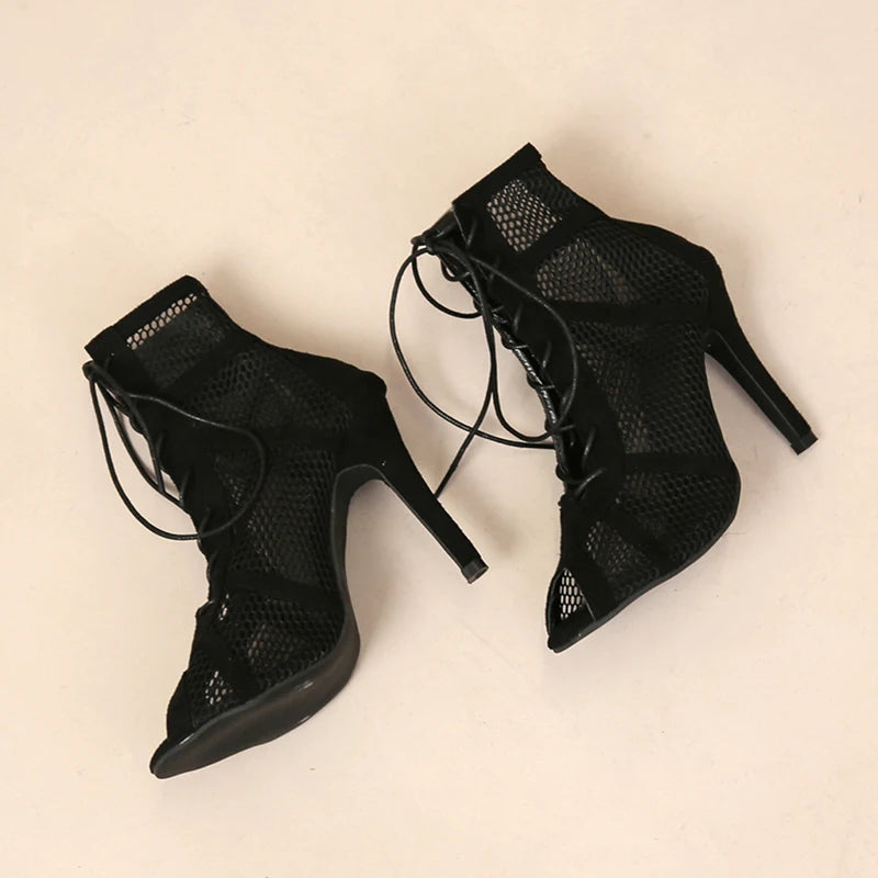 Sexy High Heels Hollow Mesh Sandals Women Summer Cross-tied Peep Toe Ankle Strap Dance Shoes Black Net