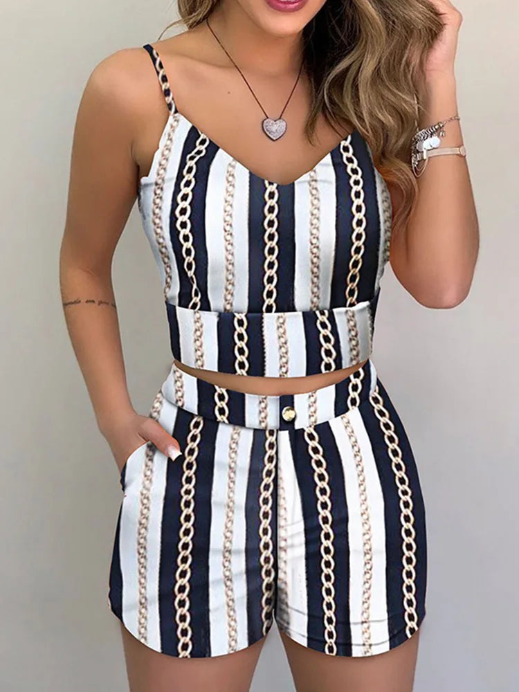 Women Fashion Summer Two Piece Set Sleeveless Floral Vest Shirts + Short Pants Elegant Women's Ensembles 2Pcs Set Streetwear