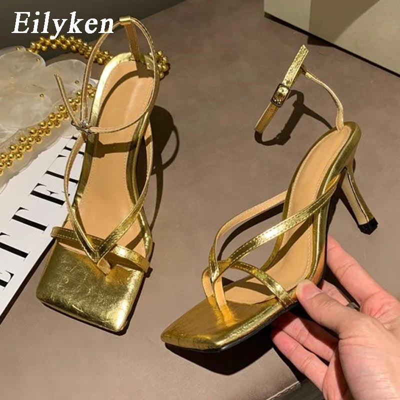 Eilyken Summer Fashion Square Pinch Open Narrow Band Women Sandals Ankle Buckle Strap Thin Heels