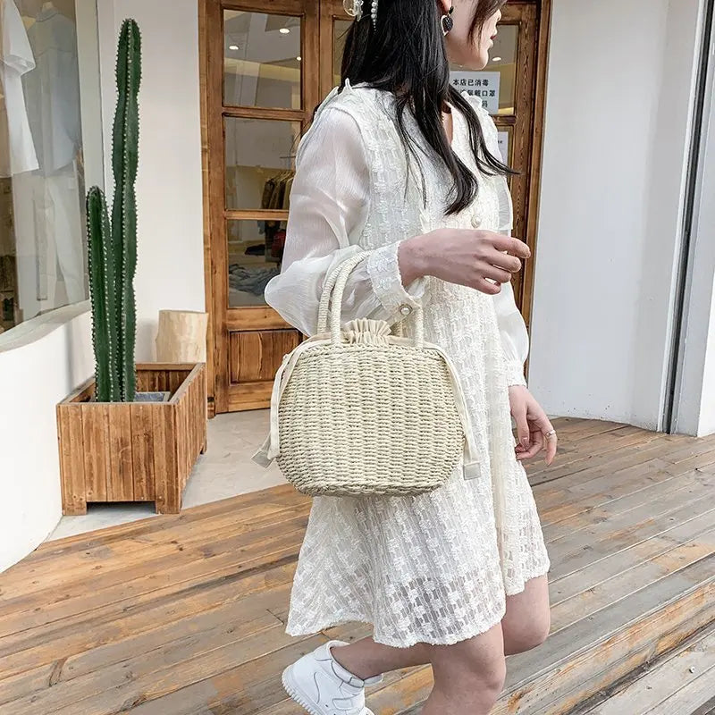 Women's Small Rattan Woven Basket Beach Tote