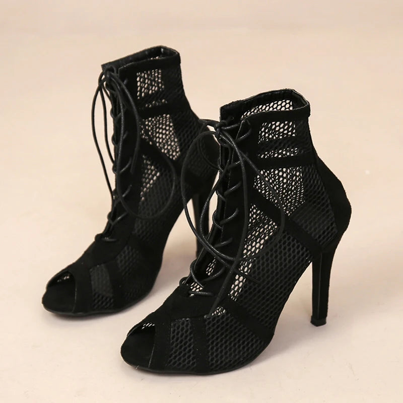 Sexy High Heels Hollow Mesh Sandals Women Summer Cross-tied Peep Toe Ankle Strap Dance Shoes Black Net
