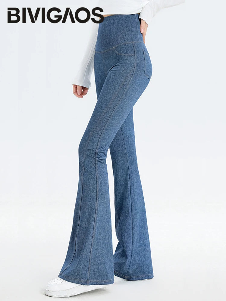 BIVIGAOS 2025 Spring New Jeans Flared Leggings Pants Women High Waist Pocket Stretch Fitness Leggings Slim Tight Sexy Jeggings