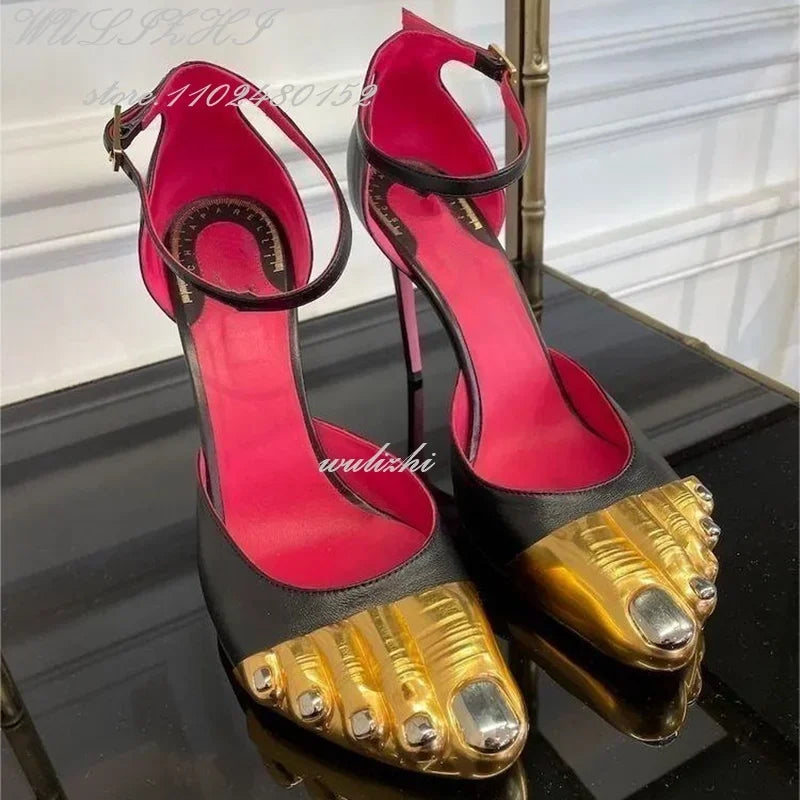 Big Bow Metallic Split Toe Stiletto Heels with Ankle Strap