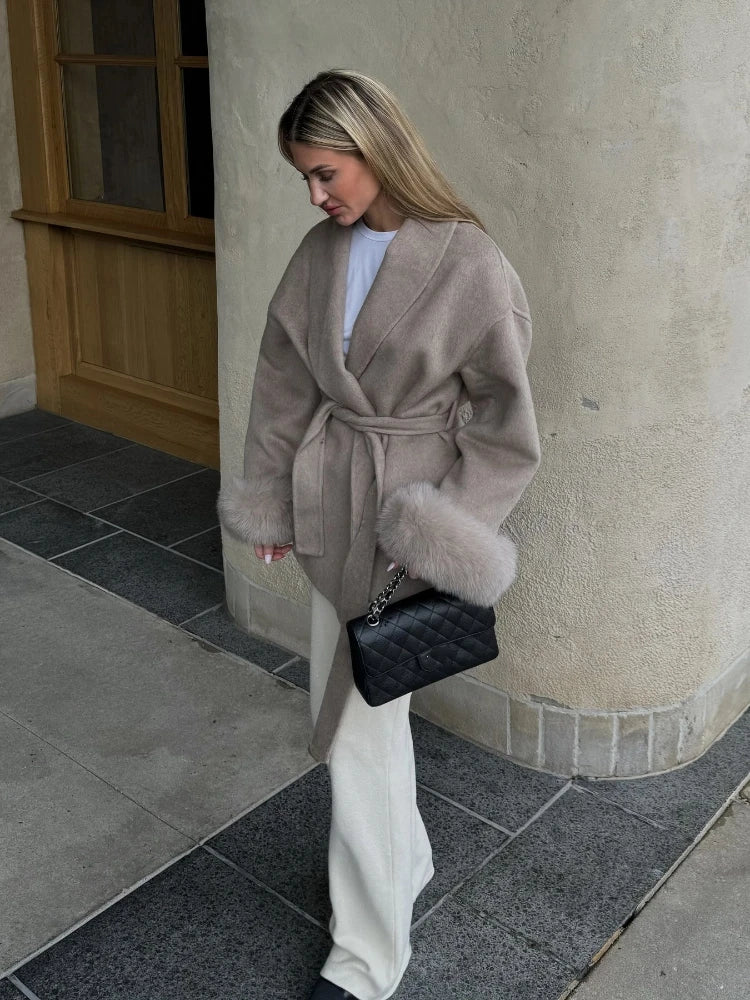 Fur Patchwork Woolen Short Coat Fashion Solid Lace Up Lapel Furry Belt Long Sleeve Loose Jacket  2025 New Autumn Winter Cardigan