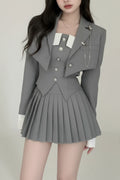 Preppy Pleated Style 3 Piece Set Casual Blazer Suit